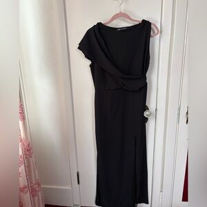 Ankle Length Black sleeveless crepe dress with elegant hood.